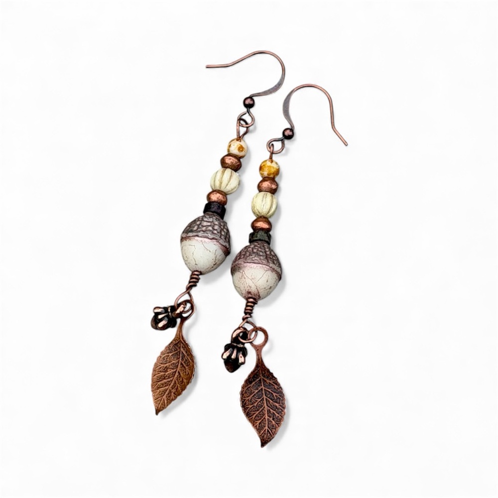 Handcrafted Elegant Copper Leaf Acorn Dangle Earrings - Picture 4 of 11